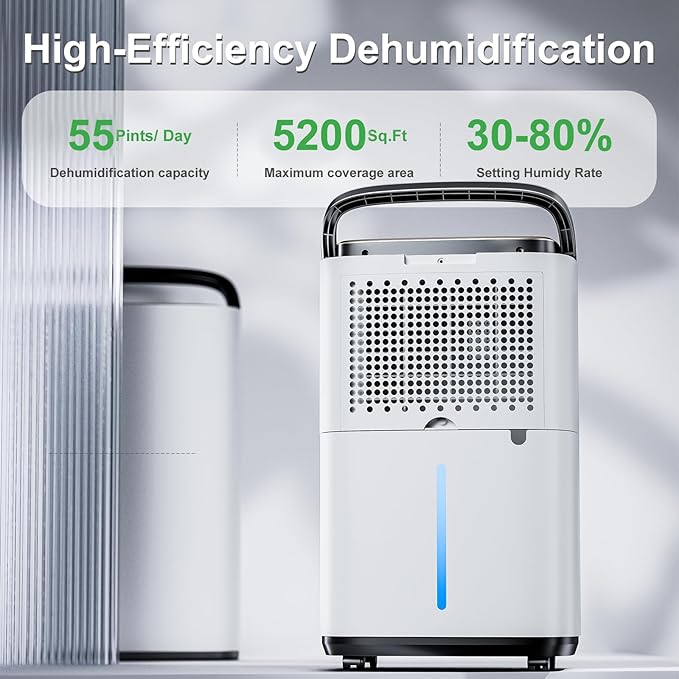 55 Pint Portable Dehumidifier with Drain Hose for Basements, 5,200 Sq. Ft. Dehumidifiers Auto Drain or Manual Drainage, Quiet Dehumidifier for Home with 6L Water Tank - Image 3