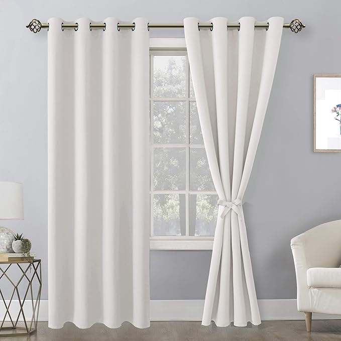 Hiasan Blackout Curtains for Bedroom, 52 x 96 Inches Long - Thermal Insulated & Light Blocking Window Curtains for Living Room/Kids Room, 2 Drape Panels Sewn with Tiebacks, Ivory - Image 2