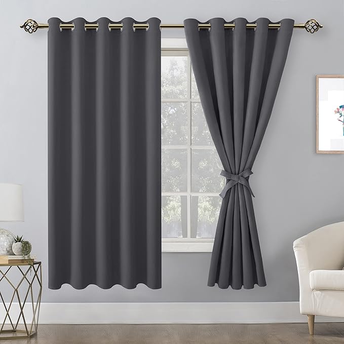 Hiasan Grommet Blackout Curtains for Bedroom, 60 x 72 Inches - Thermal Insulated & Light Blocking Window Drapes for Living Room/Dorm Room, Set of 2 Panels Sewn with Tiebacks, Dark Grey - Image 2