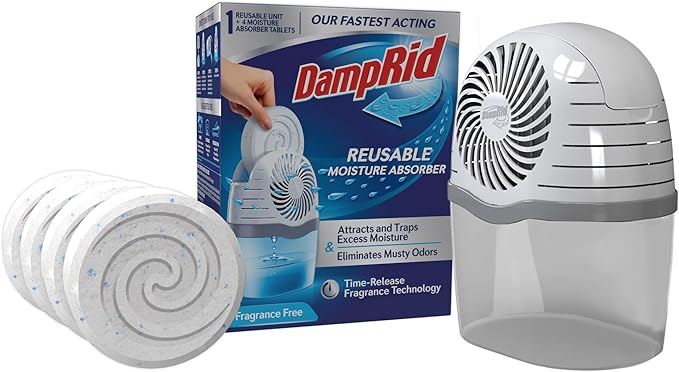 DampRid Reusable Moisture Absorber with 4 Drop-In Tablets, Fragrance Free, 15.8 oz., Attract and Trap Excess Moisture & Eliminate Musty Odors for Cleaner, Fresher Air by DampRid