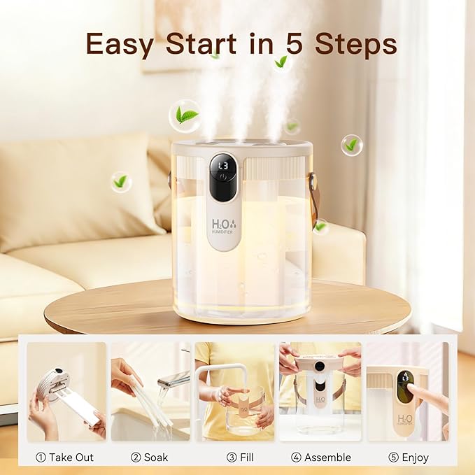 DIGIX Small Portable Humidifiers for Bedroom, 1.4L Top Fill Cool Mist Humidifier for Home Office Travel, 3 Mist Modes, Auto Shut Off, Night Light, Easy to Clean Quiet Humidifier for Baby Plant (Beige) - Image 8