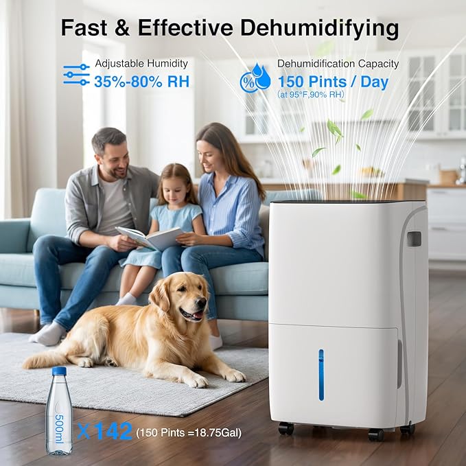 ZAFRO Dehumidifiers for Home and Basement with Drain Hose, Energy Saving Max 150 Pints Dehumidifier with Auto or Manual Drainage, Auto Defrost, Three Modes, 24Hrs Timer - Image 2