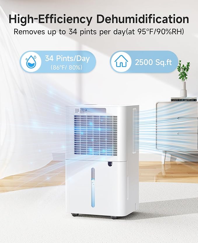 2500 Sq.Ft Dehumidifier for Basement with Drain Hose, 34 Pints Dehumidifiers for Home Large Room Bathroom Bedroom,3 Modes, Adjustable Humidity Control, Timer, Auto Defrost, Sleep Mode - Image 2