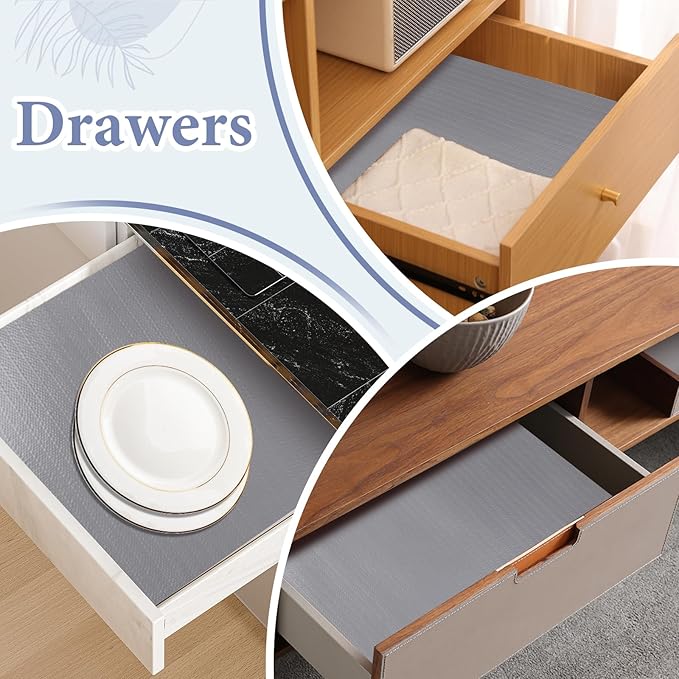 Drawer and Shelf Liner for Kitchen Cabinet: 12 in X 20 Ft Non Slip Waterproof Shelf Paper Non Adhesive Refrigerator Liners Gray Easy Liners for Bathroom Cupboard with Knife Tape Measure - Image 7