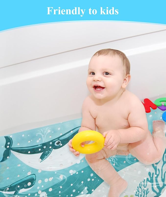 Bath Mat for Tub Non Slip, Machine Washable Anti-Slip Cartoon Baby Bathtub Shower Mat with Drain Holes and Suction Cups for Toddler & Kids, 40 Inch x 16 Inch, Whales - Image 2