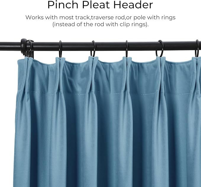 TWOPAGES Luxury Velvet Curtain Pinch Pleated Sky Blue Curtain 96 inch Long Thermal Insulated Blackout Drapes for Bedroom Living Room Indoor Window (1 Panel,Sky Blue,26Wx96L) - Image 2
