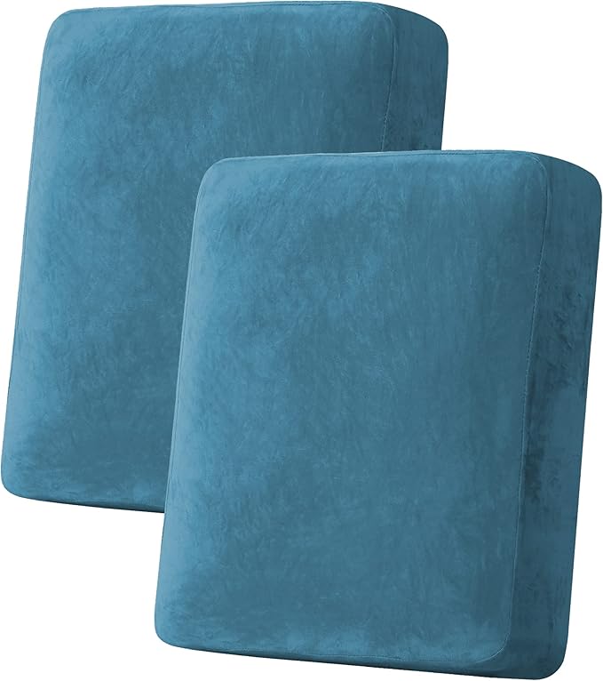 H.VERSAILTEX Velvet Stretch Couch Cushion Cover Plush Cushion Slipcover for Chair Loveseat Sofa Cushion Furniture Protector Seat Cushion Sofa Cover (2 Piece Medium Sofa Cushion Covers, Peacock Blue) by HVERSAILTEX