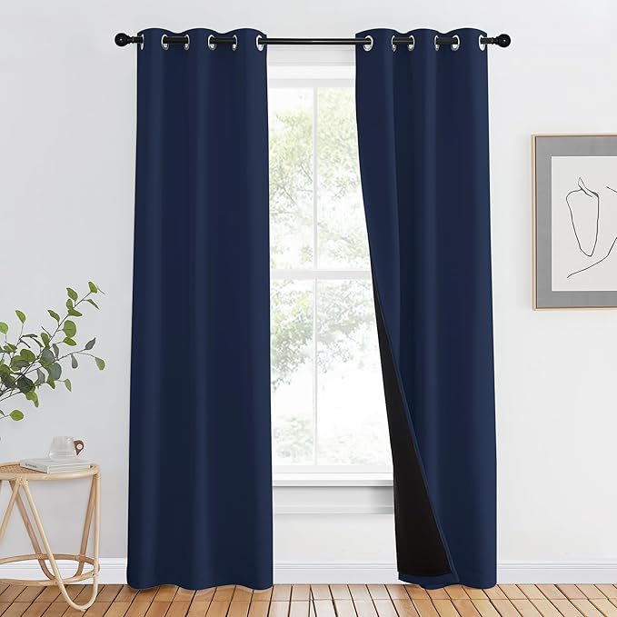 NICETOWN 100% Blackout Curtain Set, Thermal Insulated & Energy Efficiency Window Draperies for Guest Room, Full Shading Panels for Shift Worker and Light Sleepers, Navy Blue, 37W x 80L, 2 PCs by NICETOWN