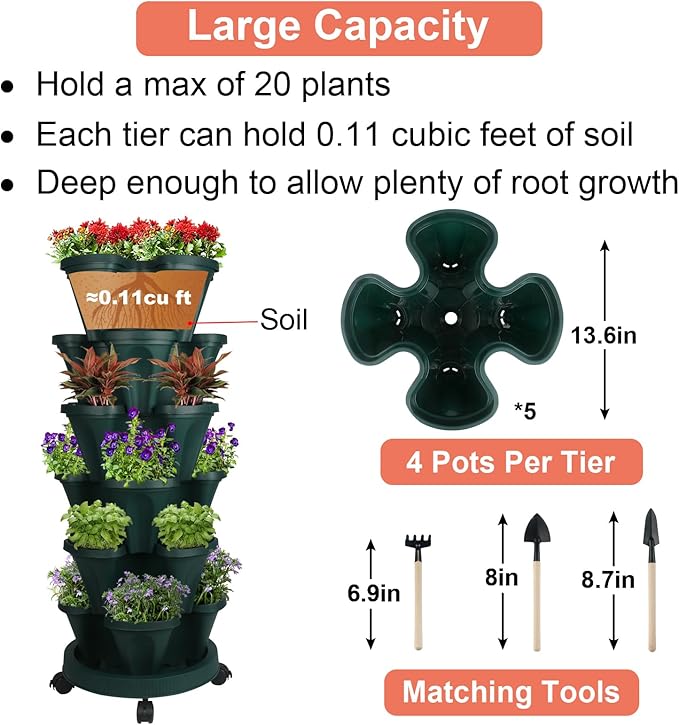 GameXcel Vertical Planter 6 Tier Stackable Planters Garden Planters Strawberry Herb Flower and Vegetable Planter Indoor Outdoor Gardening Pots with Removable Wheels and Tools - Image 5