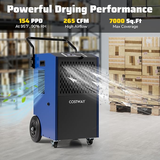 COSTWAY 154 Pints Commercial Dehumidifier with Pump, Portable Industrial Heavy Duty Large Dehumidifier with Drain Hoses for Basements, Job Sites (Navy) - Image 4