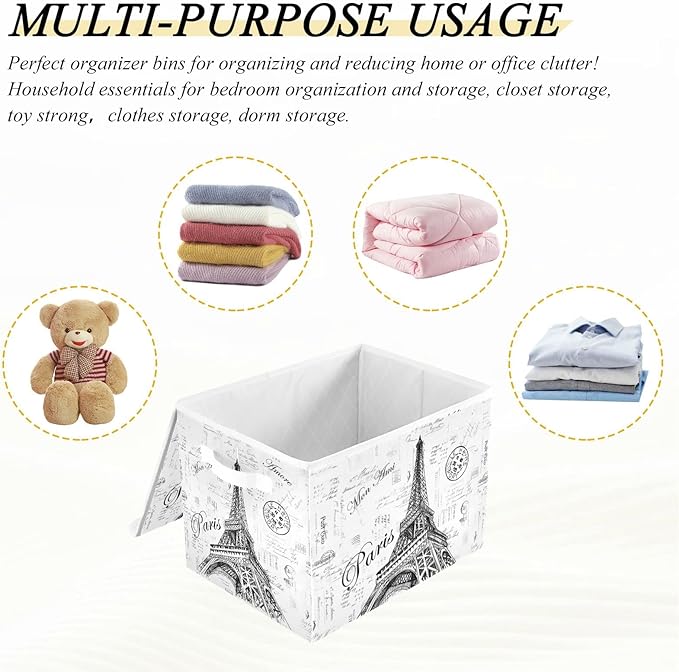 Kigai Paris Eiffel Tower Lidded Home Storage Bins, Foldable Storage Basket with Double Handle, Flip-Top Storage Box for Clothes Documents - Image 7