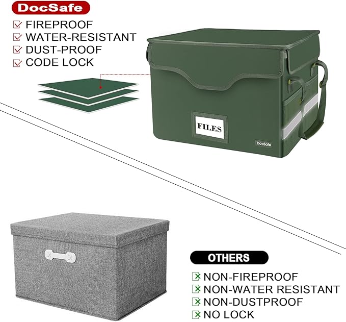 DocSafe Fireproof Document Box with Lock,File Storage Organizer with Pockets,Collapsible Portable File Box Home Office Safe Filing Cabinet with Handle for Hanging Letter/Legal Folders,Green,2 Pack - Image 7