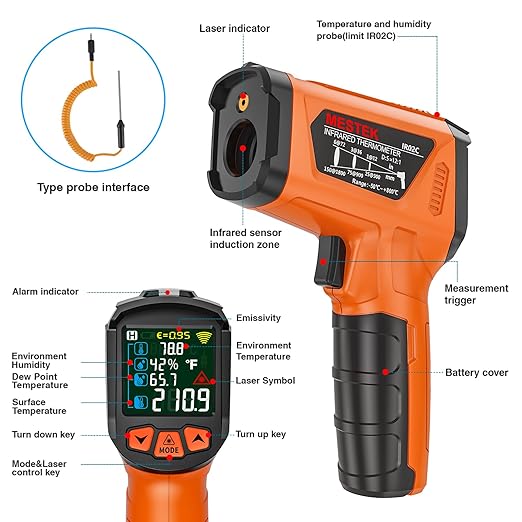 MESTEK Infrared Thermometer Gun, Non Contact Digital Laser Thermometer Temperature Gun with Color LCD for Cooking, Home Repairs, Humidity Measurement, Adjustable Emissivity -58°F to 1472°F(-50~800°C) - Image 9