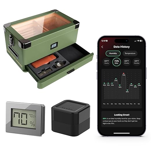 CASE ELEGANCE Military Glass Top Humidor with Thick Cedar, Includes Klaro Valet BLE Digital Hygrometer + WiFi Bridge for Remote Monitoring Humidity & Temperature, iOS & Android App - Green by CASEELEGANCE