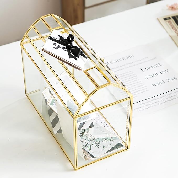 Wedding Card Box with Slot, 12.2'' Large Glass Card Boxes for Reception, Gold Cards Holder, Clear Decorative Storage Box with Lock for Baby Shower, Birthday Party, Christmas, Bridal Shower - Image 7