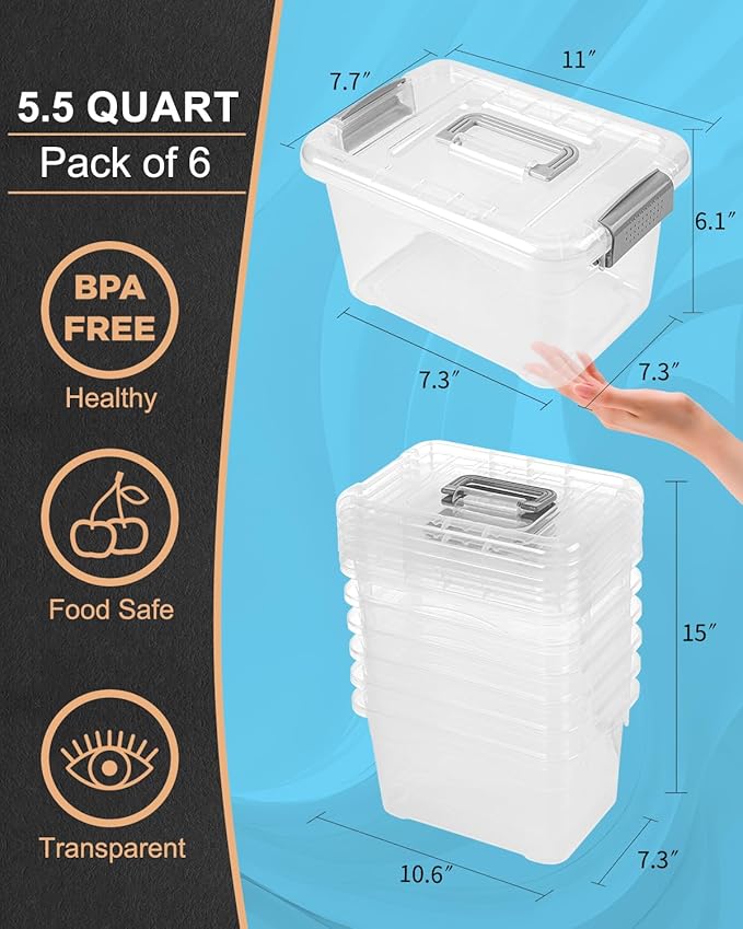 Plastic Storage Bins 7 Quart-Storage Organizer Bins with Grey Buckle Lids, Stackable Storage Bins with Lids for Home Office Kids Room Closet School Art Supplies Organization,6 Packs, Clear - Image 2