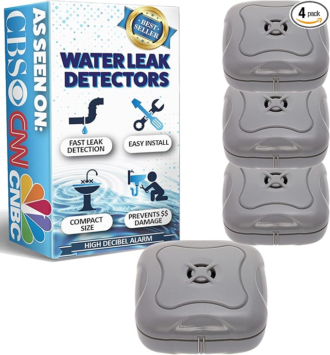 4 Pack Water Leak Detector - 95 dB Flood Detection Alarm Sensor for Bathrooms, Basements, Laundry Rooms, Garages, Attics and Kitchens by Mindful Design (Grey) by MindfulDesign