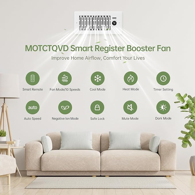 Register Booster Fan Fits 4” x 10” Register Holes, Smart Control Heating Cooling AC Vent Fan, 10-Speed Quiet Register Vent Booster Fans with Thermostat Control & Remote Control - Image 2