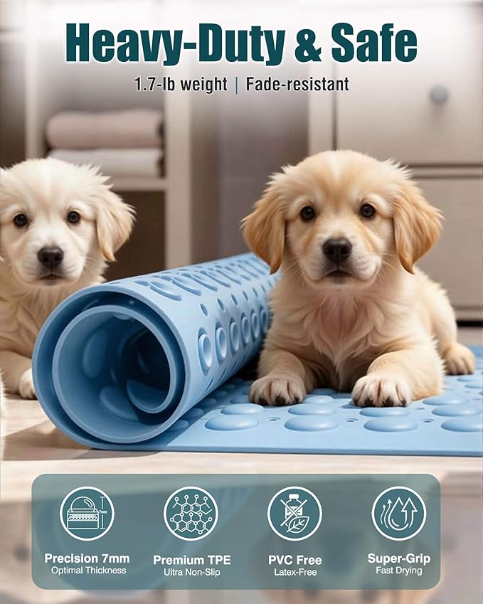 Non-Slip Bath Mat for Tub Shower, TPE Machine Washable Bathroom Essentials with Suction Cups, Quick-Dry 28x16 Inch (Seashell Blue) - Image 4