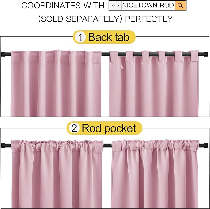 NICETOWN Bedroom Blackout Curtain Panels - (Rouge Pink Color) 52 x 108 Inch, 2 PCs, Insulating Energy Saving Solid Rod Pocket Blackout Drapes for Hall, Villa - Image 3