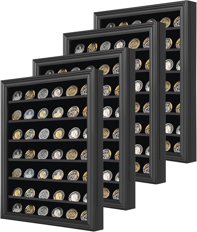 Jinchuan Military Challenge Coin Display Case 4 Pack Lockable Cabinet Rack Holder Shadow Box with Removable 2 Grooves Shelves and Acrylic Door for Casino Poker Chips Collectibles, Large - Black 4 Pack by Jinchuan