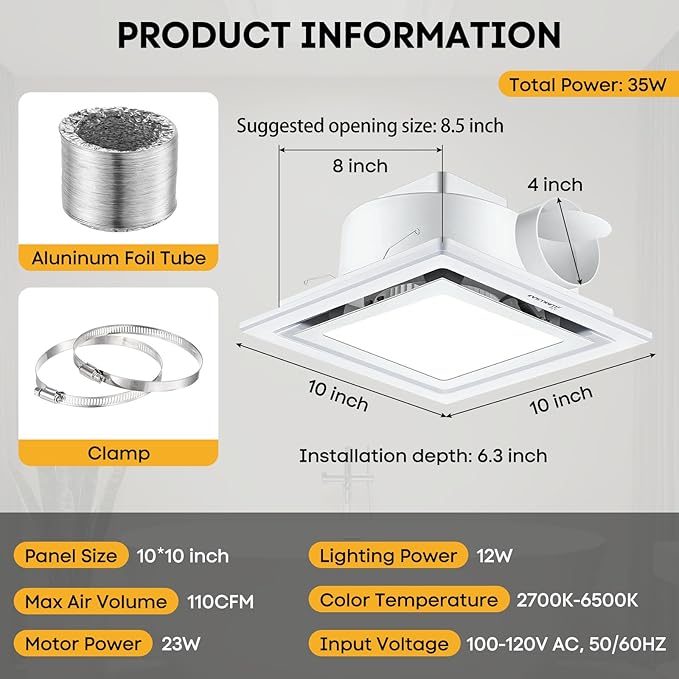 Bathroom Exhaust Fan with Light 10" Ultra Quiet 1.0 Sones,1000LM, 5CCT, Exhaust Fan Mounting Opening 8"x8" in 110CFM Bathroom Fan with Light Ceiling Mount for Home, Bath, Office - Image 6