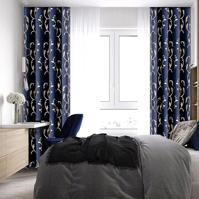 BUHUA Blackout Curtains 108 Inches Long, Gold Foil Print Pattern Room Darkening Curtain, Living Room Curtains & Drapes, Thermal Insulated Window Panel Set, 52 x 108 Inch, Navy Blue - Image 6