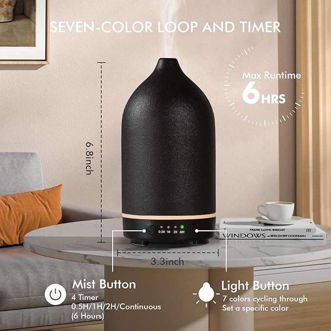 Essential Oil Diffuser Ceramic Diffuser - 150ml Aromatherapy Diffuser for Essential Oils with Timer and 7 Colors LED Light Ultrasonic Aroma Diffuser with Auto Shut-Off, Home Office Decor&Gift (Black) - Image 2