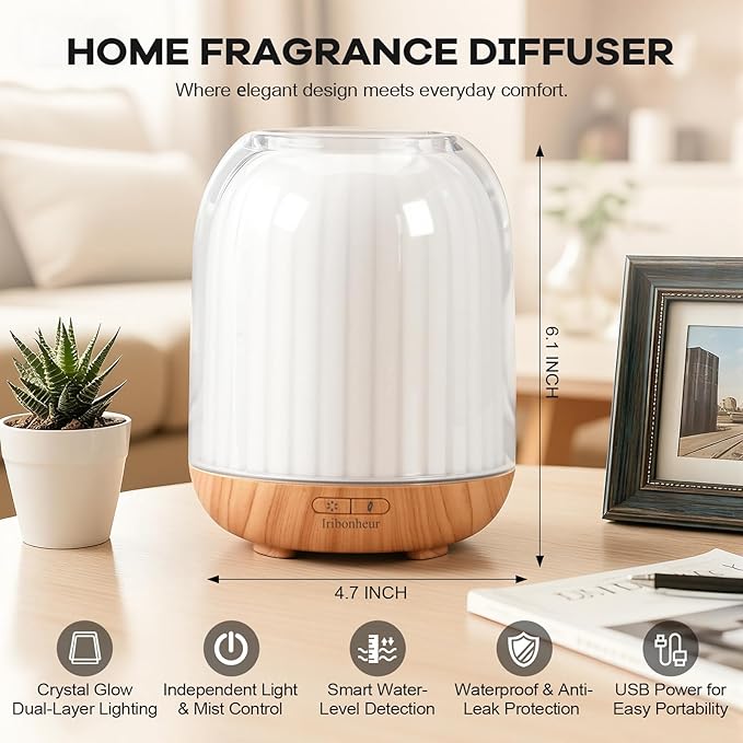 Essential Oil Diffuser with Night Lamp | 120ml USB Portable Aroma Diffuser with Wood-Grain Base & Glass-Look Cover | Humidifier with Lights | Small Humidifier for Bedroom, Office | Room Décor | Gift - Image 7
