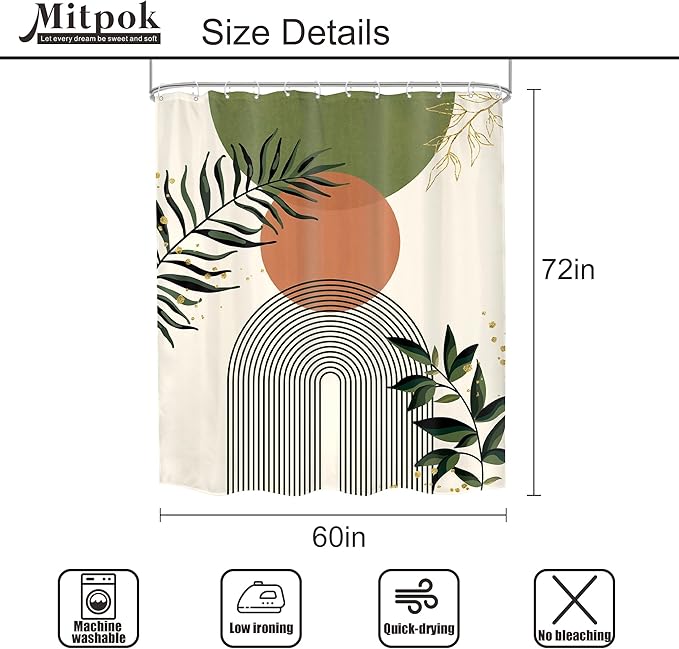 Green Boho Shower Curtain 60Wx72H Abstract Bohemian Modern Leaves Mid Century Minimalist Contemporary Plant Bathroom Decor Simple Neutral Bath Curtain Fabric Polyester 12 Pack Hooks - Image 5