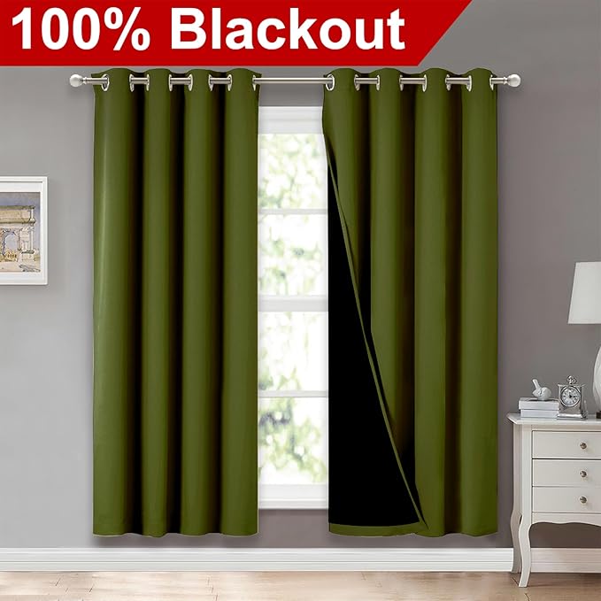 NICETOWN 100% Blackout Window Curtain Panels, Olive Green, 2 Pieces, 52-inch Wide Per Panel, Full Light Blocking Drapes with Black Liner for Nursery, 72-inch Drop Thermal Insulated Draperies - Image 2