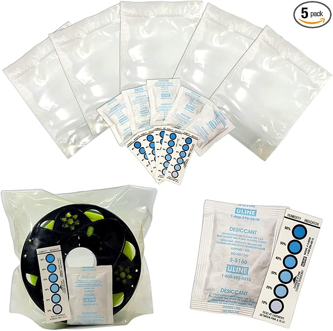 3D Printer Filament Storage Kit (Pack of 5) Includes: 5 Resealable Nylon/LDPE Gusseted Plastic Bags, 5 Large Oversize Rechargeable Clay Desiccant Drying Packs, 5 Humidity Indicator Cards by NetSellsIt