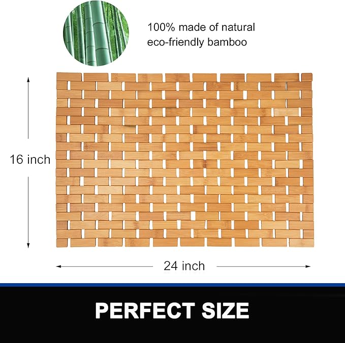 Bamboo Bath Mat Bathroom Rugs Floor Wood Shower Bathtub Waterproof Non Slip Accessories 16x24 Inch Easy to Clean, Natural, 1 pc - Image 5