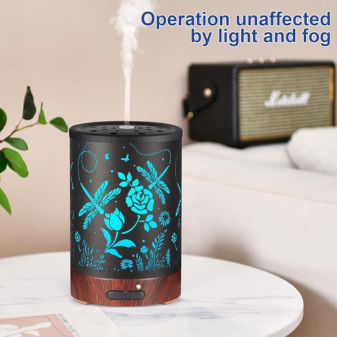 Essential Oil Diffuser- Aromatherapy Diffuser with7 Colors Light and Auto-Off for Women Metal Cool Mist Humidifier for Home and Office for Mom Women(Roses + Dragonflies) - Image 3