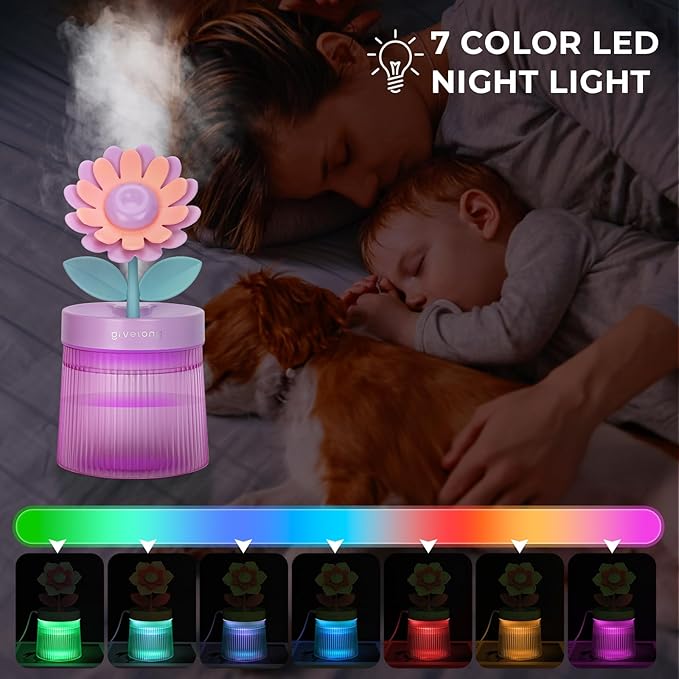 Cute Flower Mini Humidifier, 260ml Sunflower Desktop Humidifiers for Bedroom, Portable Small Cool Mist Humidification for Home, Baby Nursery, Office & Indoor Plants, USB Powered (Purple) - Image 5