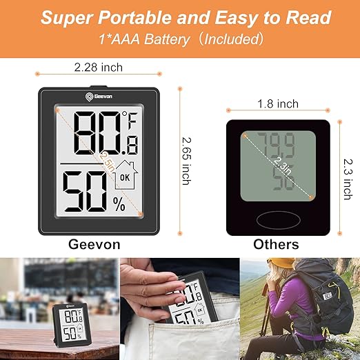 Geevon Digital Hygrometer, 3 Pack Indoor Thermometer Room Temperature Humidity Gauge with Battery,Digital Temperature Humidity Meter Indicator for Home, Office, Greenhouse, Mini Hygrometer,Black - Image 2