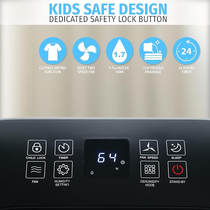 Nyxi 4,500 Sqft / 50 Pints Compressor Dehumidifier, Smart Digital Humidity Control, XL Water Tank 1.7 Gallon, Drain Hose Option, 24-Hour Timer, Removes Moisture for Home, Laundry, Office - Image 6