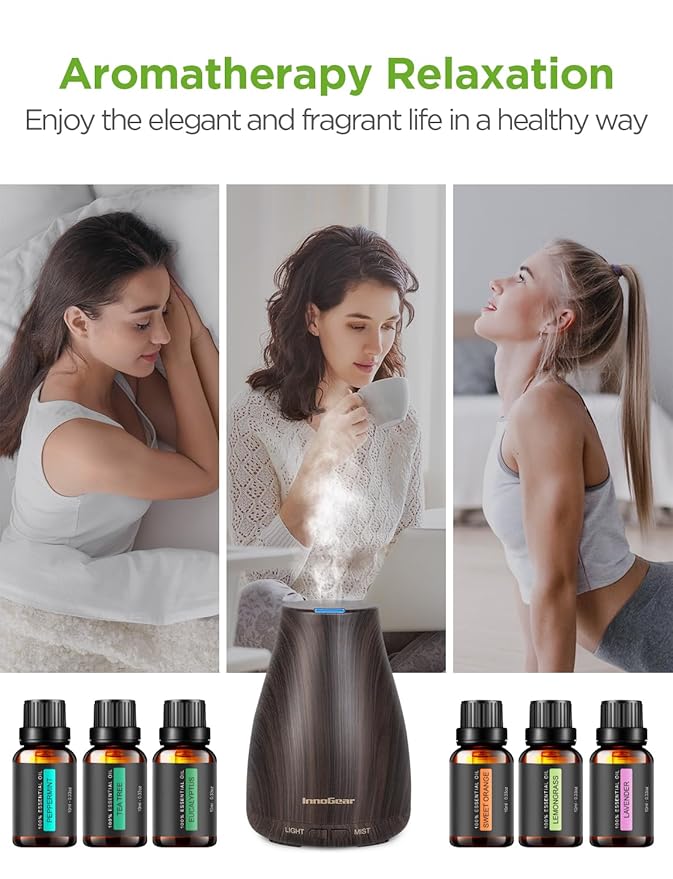 InnoGear Essential Oil Diffuser with Oils, 100ml Aromatherapy Diffuser with 6 Essential Oils Set, Aroma Cool Mist Humidifier Gift Set, Dark Wood Grain - Image 6