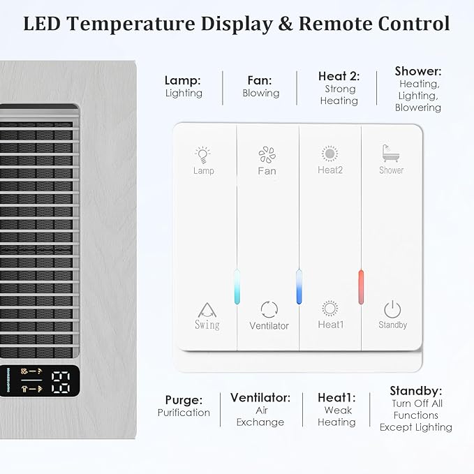 4 in 1 Bathroom Exhaust Fan with Light and Heater, 1900W Bathroom Heater Fan Light Combo, 180 CFM 1.0 Sone Ceiling Fan Remote Control Heater, Ventilation for Home, Bath, Hotel (Style 2) - Image 3