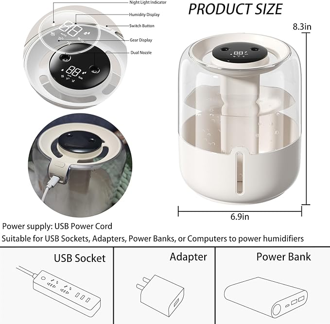 Humidifiers for Bedroom-Cold Mist Humidifier with Double Nozzle,3 Gear and Night Light,Easy to Fill & Clean,Quiet Cool Mist Air Humidifier for Plants, Office,Bedroom and Home Baby Nursery (White) - Image 9