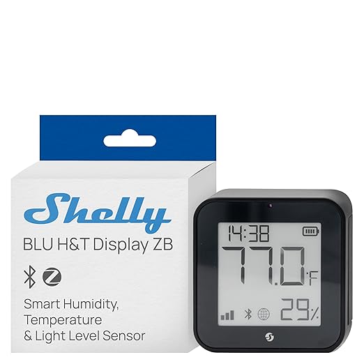 Shelly BLU H&T Display ZB Black, Bluetooth & Zigbee Operated Temperature & Humidity Levels Sensor, E-Paper Display, Home Assistant, Alexa, Google Home, Real-Time Monitoring, Long-Life Battery by Shelly