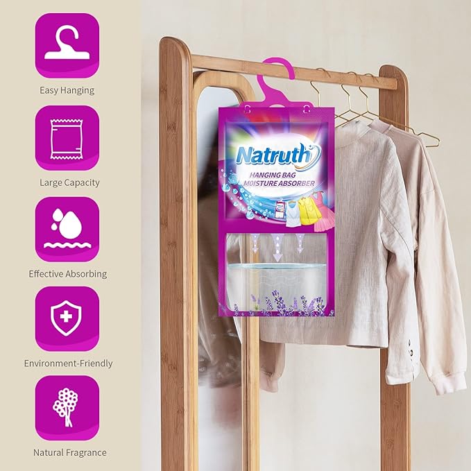 NATRUTH 12-PACK Moisture Absorber Bags With Lavender,Desiccant Hanging Bag Use for Kitchen Bathroom Wardrobe, Eliminates Odors，Odor Absorber Humidity Packs, Hanging Closet Dehumidifier Bags for Closet - Image 2