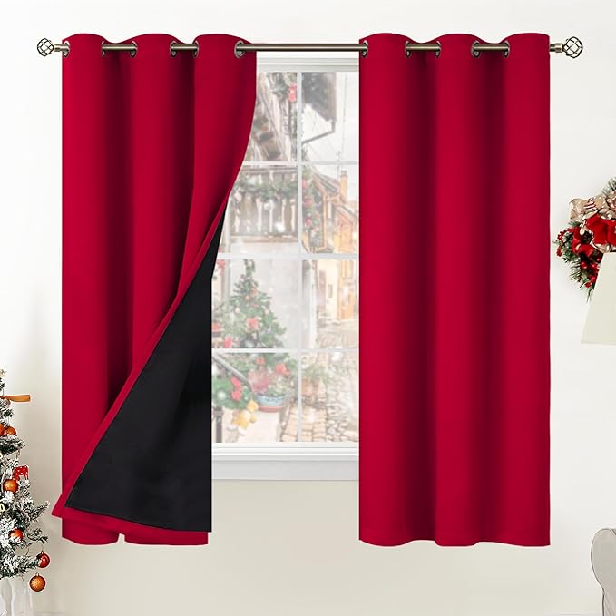 BGment Christmas 100% Blackout Curtains Thermal Insulated with Liner for Living Room Decoration - Grommet Double Layer Energy Saving Bedroom Curtain Drapes (42 x 63 Inches, Red, 2 Panels) by BGment