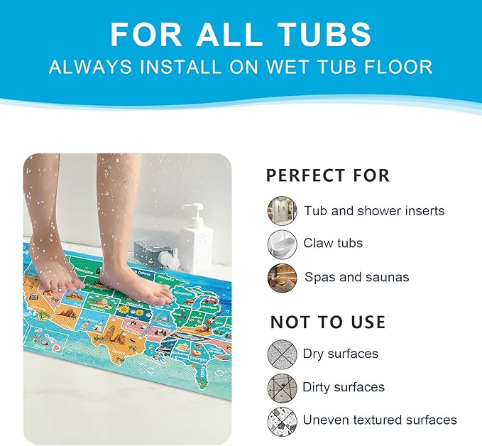 XIYUNTE Baby Bath Mat for Tub Non Slip Kids Bath Mat - 40''x16'' Extra Long Cartoon Bathtub Mat Non Slip Kids Shower Mat Eco-Friendly Toddler Bath Mats with Suction Cups, Machine Washable, Map - Image 6