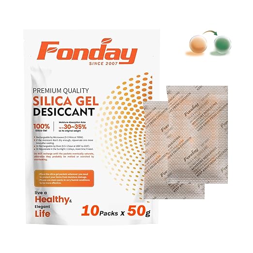 50g x 10 packs Fonday Rechargeable Silica Gel Desiccant Packets Food Grade Fast Reactivate Desiccant Bags Moisture Indicating Orange to Green by Fonday