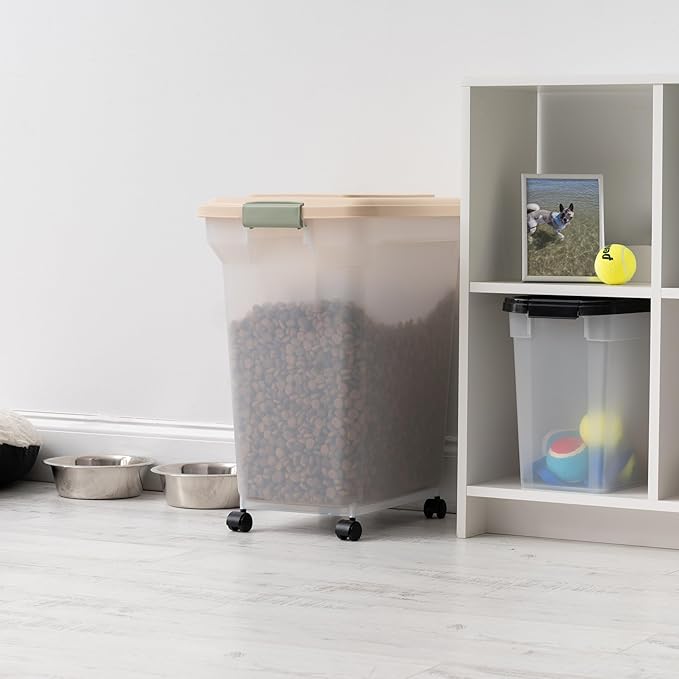 IRIS USA 58 Lbs / 67 Qt WeatherPro Airtight Pet Food Storage Container with Attachable Casters, For Dog Cat Bird and Other Pet Food Storage Bin, Keep Fresh, Translucent Body, Almond/Clear - Image 11