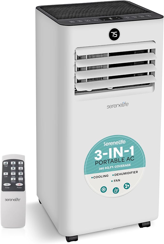 SereneLife 10,000 BTU Portable Air Conditioner, 3-in-1 AC with Cooling, Dehumidifier and Fan, Energy Efficient Mini AC Unit with 450 Sq. Ft. Coverage, Includes Window Mount Kit, (Gray) by SereneLife