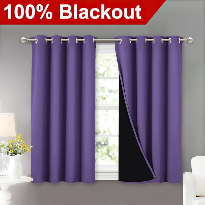 NICETOWN 100% Blackout Curtains with Black Liners, Thermal Insulated Full Blackout 2-Layer Lined Curtains, Energy Efficiency Window Draperies for Dining Room (Lilac Purple, 2 Panels, 52" W by 45" L) - Image 2