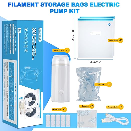 AGPTEK 3D Printer Filament Storage Bags 11.8×13.4 inch(20 Pack) - Vacuum Sealed Kit with 500mAh Electric Pump & Silica Gel Desiccants, Moisture-Proof and Dust-Proof for PLA, ABS, PETG Filament (PA+PE) - Image 2