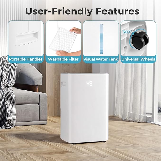 4500 Sq. Ft Dehumidifier for Basement, 52 Pint Garage Dehumidifier for Home, Bedroom & Bathroom with Drain Hose, Smart Humidity Control & Display, 3 Modes, 24H Timer & Auto Defrost - Image 5